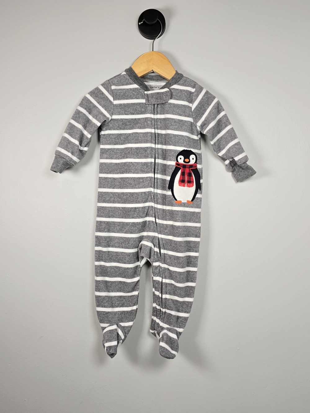 Carter's Fleece Gray & White Striped Penguin Footed One-Piece